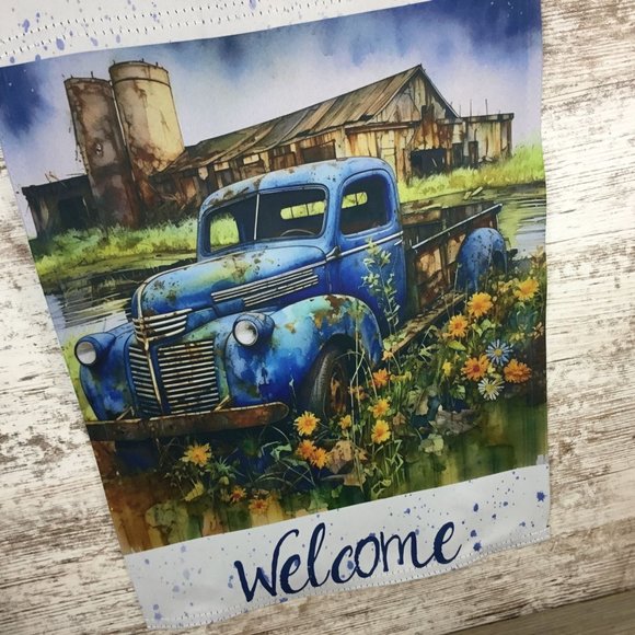 Vintage Blue Truck on the Farm Garden Flag - Picture 3 of 5